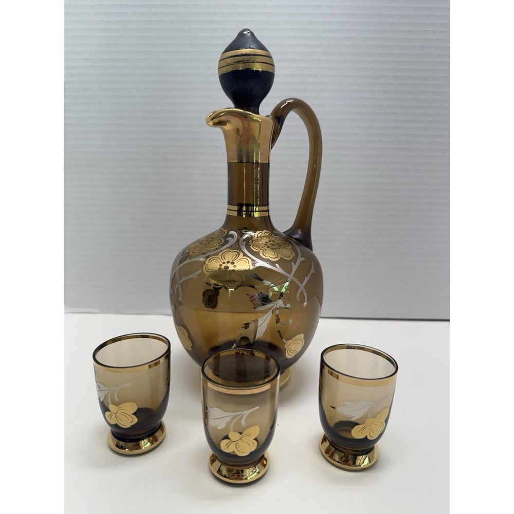 VTG Bohemian Amber Glass Decanter Set Gold Gilt Enamel Flowers 4 Pc Czech NICE